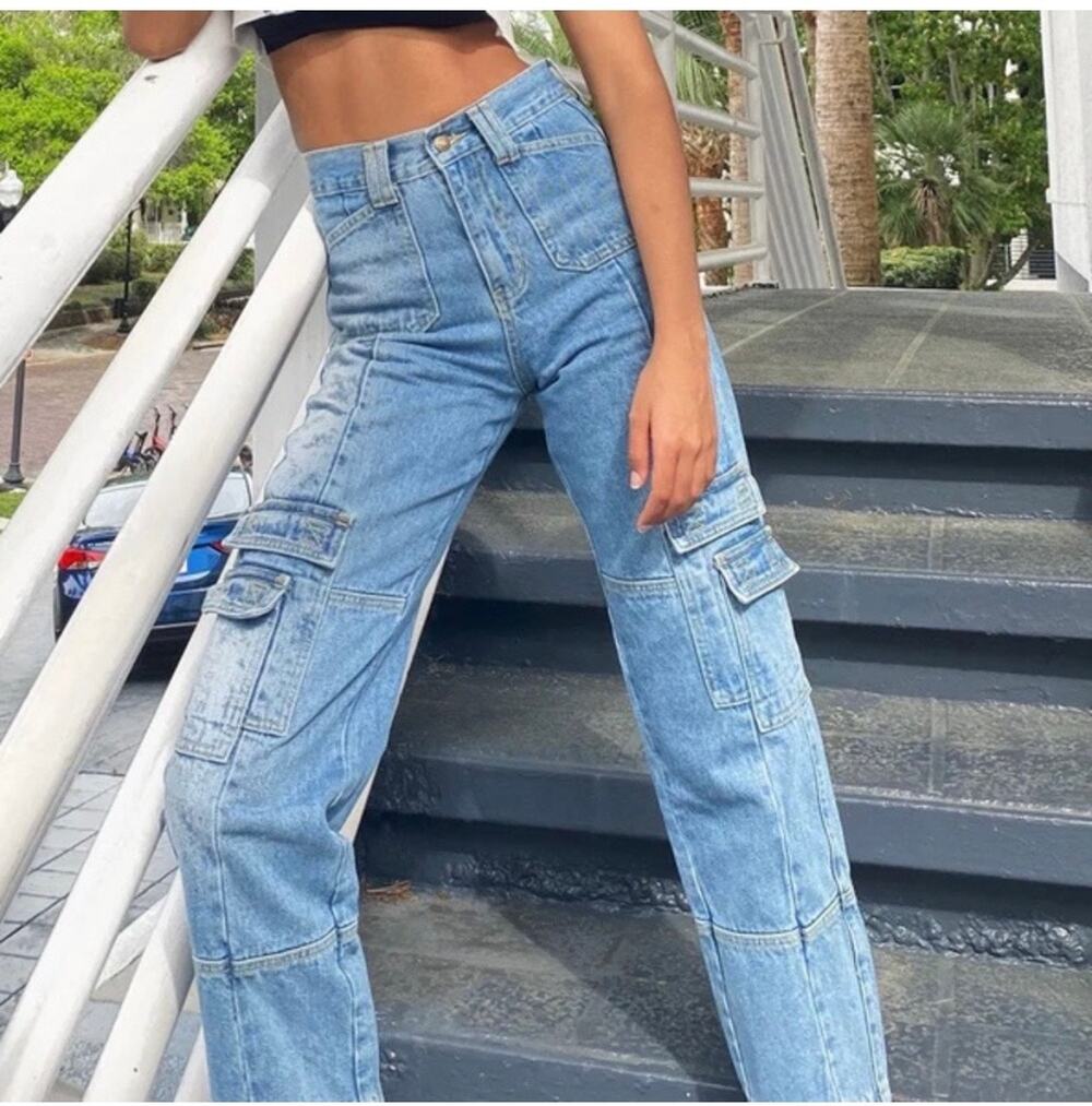 Lioness Stacey Cargo Jeans Size S High Rise Utility Denim Y2K Grunge Streetwear